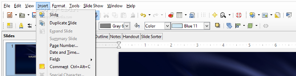 Showing the LibreOffice Impress insert menu